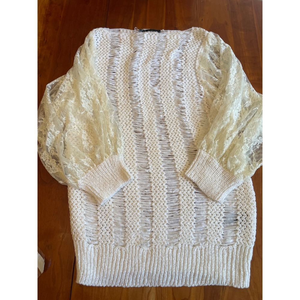 Sioni Sweater Cream Ladder Knit Lace Balloon Sleeve Boho Semi Sheer Romantic M - Picture 6 of 12